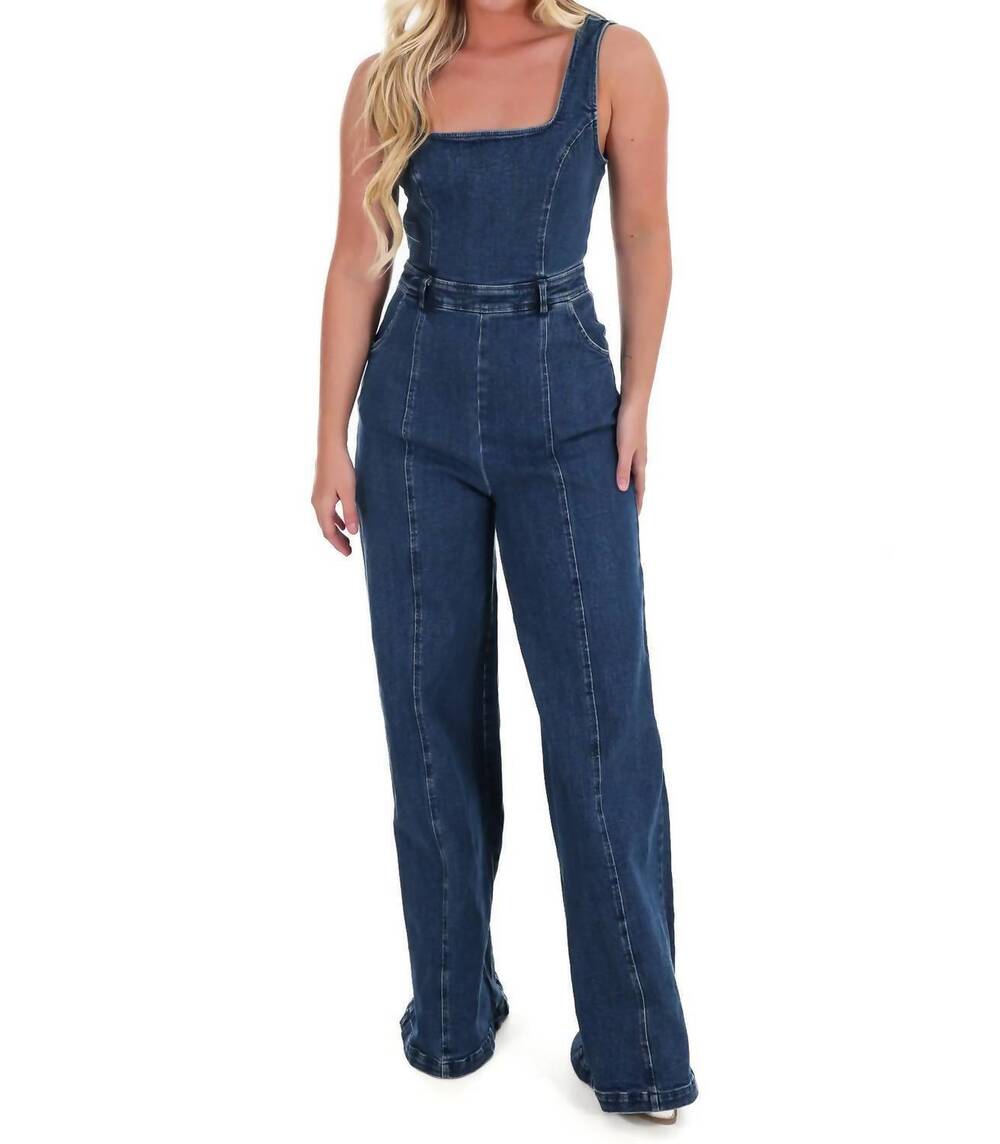 NEW FLYING TOMATO you matter denim jumpsuit in medium indigo